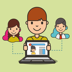 cartoon boy with laptop website girl on screen chatting vector illustration