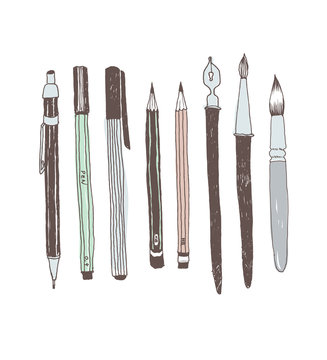 Hand drawn art tools and supplies set