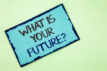 Conceptual hand writing showing What Is Your Future Question. Business photo text Where do you see yourself in the next years written on Sticky Note Paper on plain background.