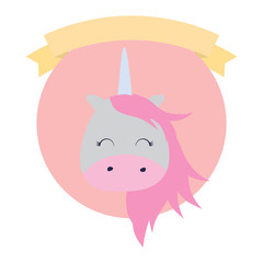 emblem of cute animals concept with decorative ribbon and cute unicorn icon over white background, colorful design. vector illustration 