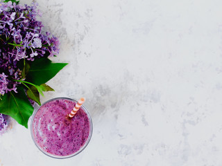 Still life of purple blueberry smoothie with stripped straw and a branch of lilac in glass on white...