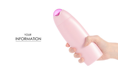 Shower gel in pink plastic bottle in hand pattern isolated