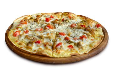 Pizza on a wooden tray