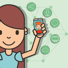 happy girl with smartphone in hand boy talk social media vector illustration