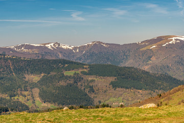 Fototapeta na wymiar French landscape - Vosges. View towards the Vosges massif with hills and trees.