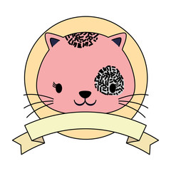 emblem of cute animals concept with decorative ribbon and cute cat icon over white background, colorful design. vector illustration 