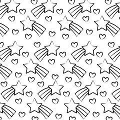 shooting stars and hearts background, sketch design. vector illustration