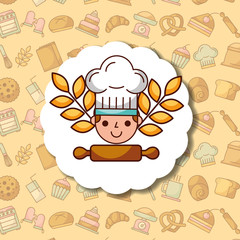 chef boy cartoon label dessert bakery background vector illustration
