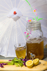 Lemon sun tea sitting outside ready to drink