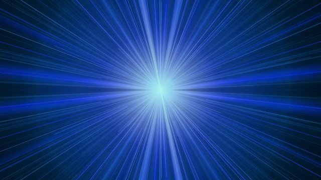 Blue twinkling light streaks in perspective stretching off to infinity, rays of light. Burst of light, abstract illustration, animation, seamless loop