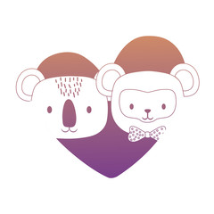 heart with cute monkey and koala over white background, colorful design. vector illustration