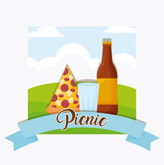 picnic emblem with pizza and beer bottle over landscape and white background, colorful design. vector illustration