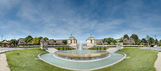 Panoramic view of fountain at Jardins du Trocadero and Palais de Chaillot in Paris, France, no people