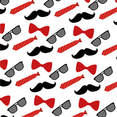 hipster mustache with tie and sunglasses pattern background vector illustration design