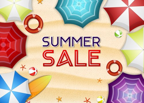 Summer sale background. Top view of many umbrellas, surfboard, buoy, starfish, and beach ball