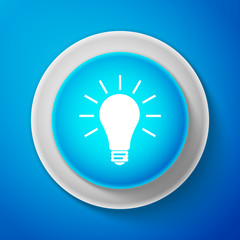 White Light bulb icon isolated on blue background. Circle blue button with white line. Vector Illustration