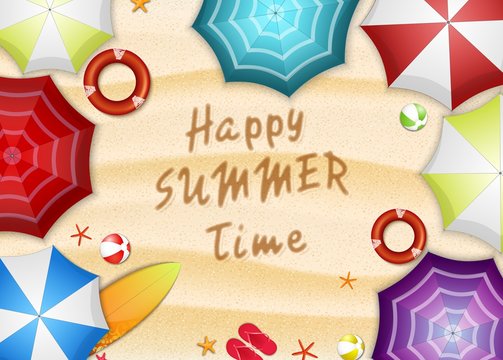 Summer holidays beach background. Top view of many umbrellas, surfboard, buoy, slipper, starfish, and beach ball