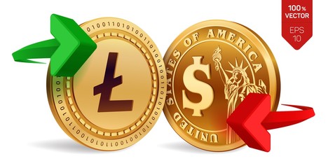 Litecoin to dollar currency exchange. Litecoin. Dollar coin. Cryptocurrency. Golden coins with Litecoin and Dollar symbol with green and red arrows. 3D isometric Physical coins. Vector illustration.