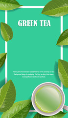 Vector green tea horizontal banner blue tea leaves and drops on leaves.