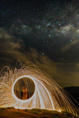 Steel wool photography with milky way scene background at night. (Visible motion blur, soft focus and noise due to long exposure, shallow DOF and high ISO).