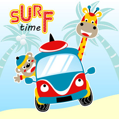 Obraz na płótnie Canvas surfing time with cute animals, vector cartoon illustration