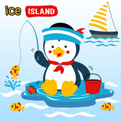 penguin fishing with sailboat, vector cartoon illustration