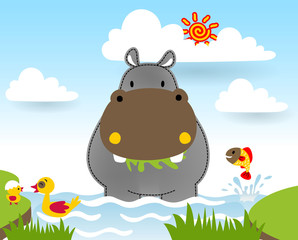 Obraz na płótnie Canvas hippopotamus with little friends in the swamp, vector cartoon illustration
