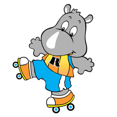Rhino playing roller skate, vector cartoon illustration