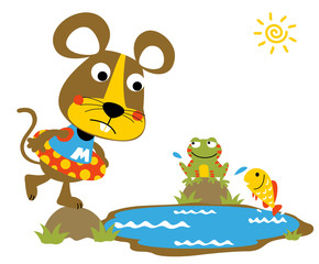 swimming time with cute animals, mouse, frog, fish in the pond,  vector cartoon illustration