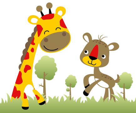 Nice giraffe with deer, vector cartoon illustration