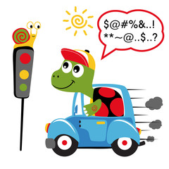 turtle driving car with snail on traffic light, vector cartoon illustration