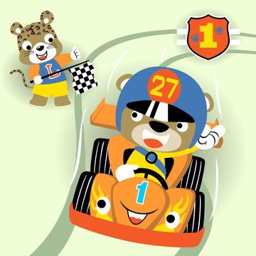 animals racing car competition, vector cartoon illustration