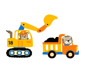 construction equipment cartoon, work zone with funny animals, vector cartoon illustration