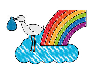 cute stork with bag in beak and cloud rainbow vector illustration drawing