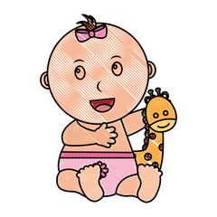 baby girl palying giraffe animal toy vector illustration drawing