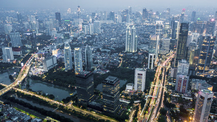 Aerial shot of Jakarta downtown at night