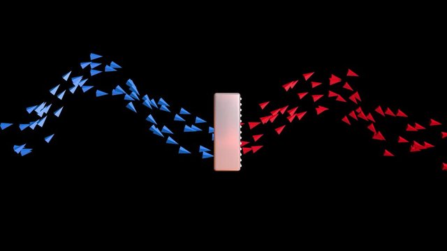 Air flow with arrows indicating direction of movement.Cool to hot. Side view.3d animation