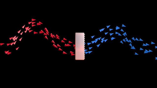 Air flow with arrows indicating direction of movement.Hot to cold Side view .3d animation