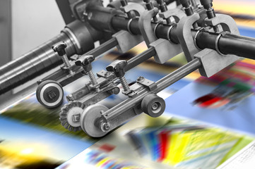 Printing at high speed on offset machine. Label, Rolled Up, Printing Out, Group of Objects,...