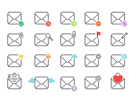 Email letter vector icons set envelope cover communication correspondence blank address outline mailbox design paper empty card writing message illustration. Mailing concept