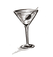 A glass of wine and olive. Ink black and white drawing