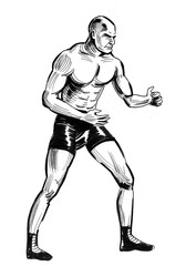 Fototapeta premium Ink black and white drawing of muscular wrestler