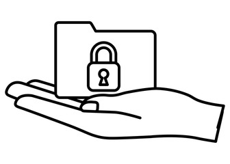 hand holding folder padlock protection cyber security vector illustration outline