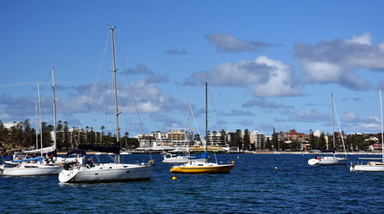 Obraz premium Balgowlah, Australia - Feb 4, 2018. Yachts in North Harbour at Fourty Baskets Beach on a sunny day. Manly in the background.