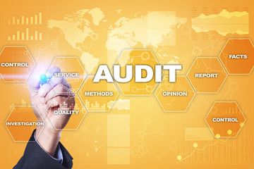 Audit business concept. Auditor. Compliance. Virtual screen technology.