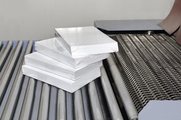 Business - Book Title on Conveyor belt. Batch Production. Book in the Pile in Offset Printing...