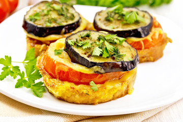 Appetizer of aubergines and cheese in plate on towel