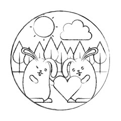 kawaii couple rabbits heart love in the field landscape vector illustration sketch