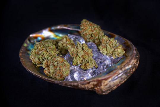 Cannabis buds (sour tangie strain) isolated on black inside abalone shel