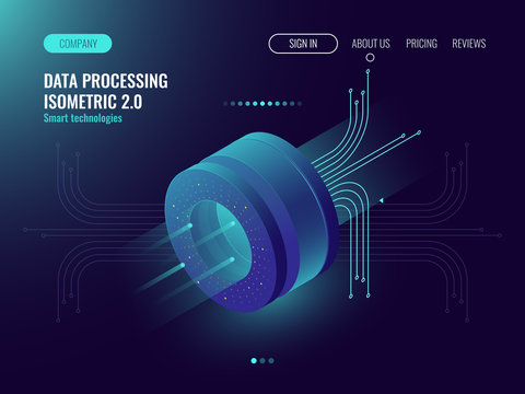 Data Analysis Processing Big Data Computing, Information Flow,digital Science Lab, Data Center Server Room Concept Dark Neon Isometric Vector